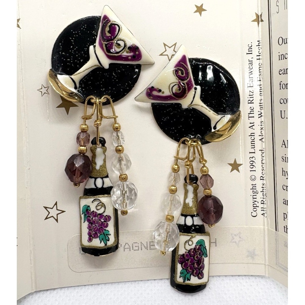 Vintage Lunch at The Ritz Champagne Brunch 24KT Gold Plated Pierced Earrings '93